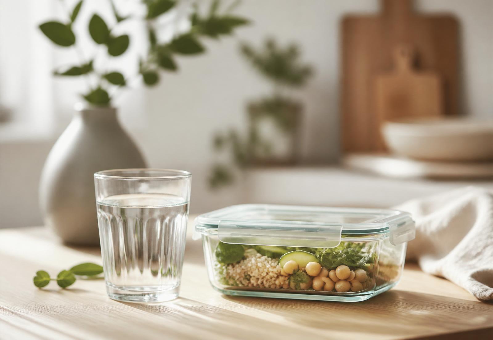 A clear glass of water and a glass food storage container on a sunlit kitchen counter